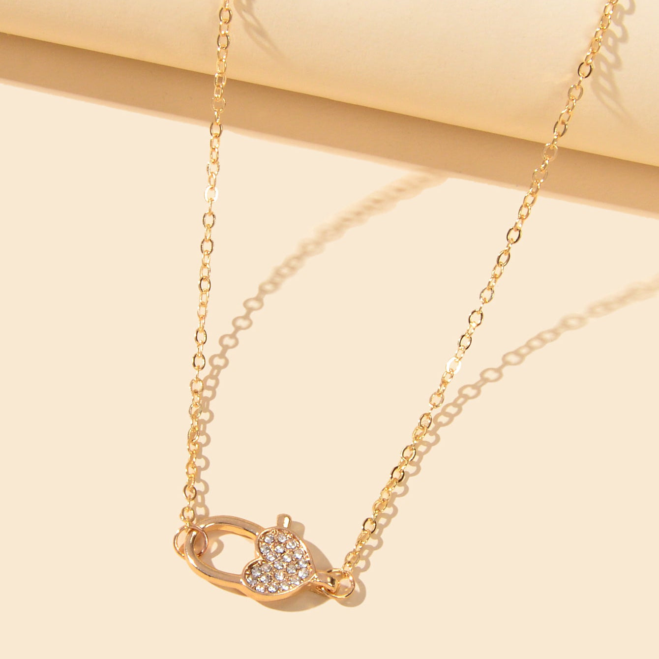 Engagement Jewellery Gift Gold Chain Rhinestone Decor Heart Lock Charm Necklace-2