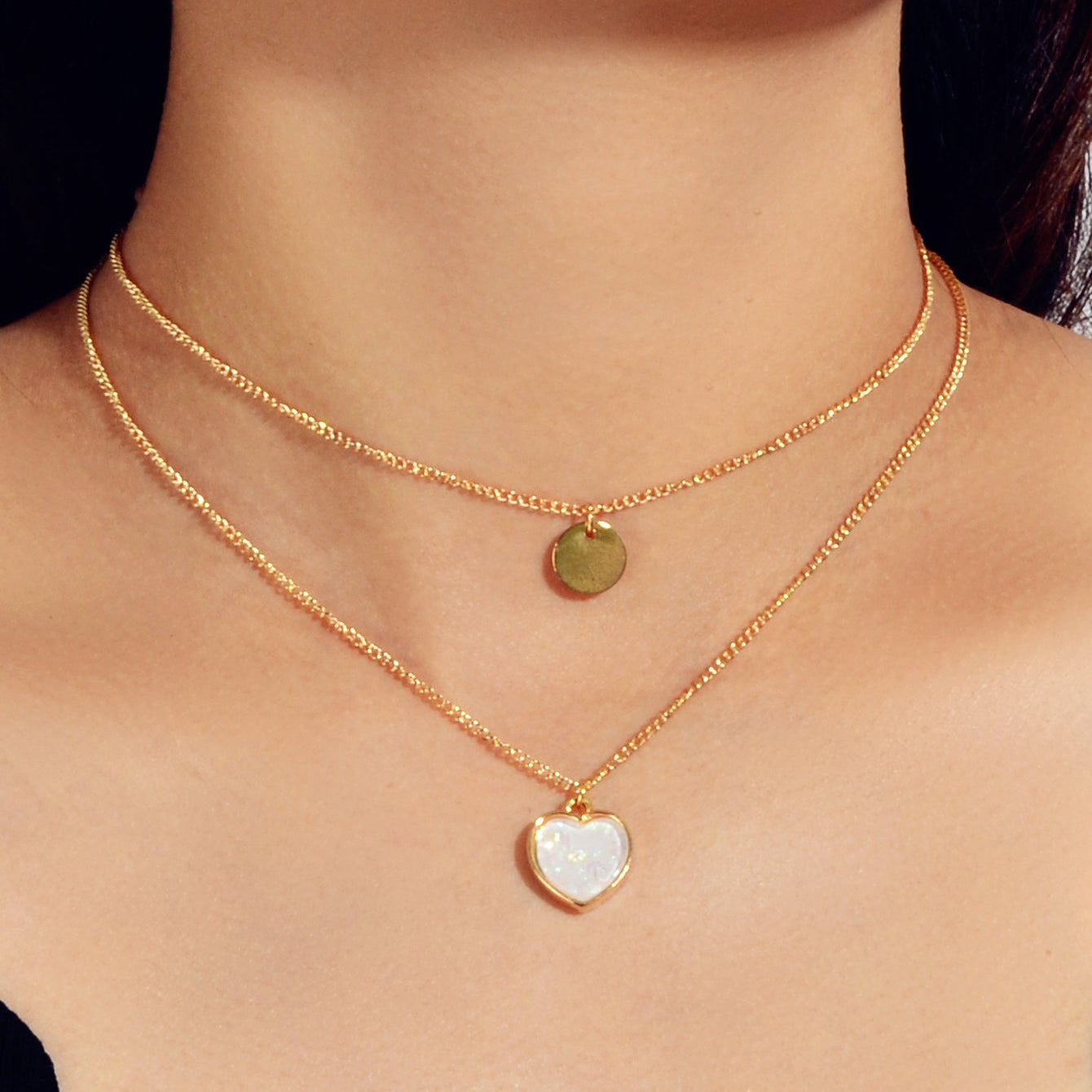 2 pcs Multiple Gold Silver Chain Round Heart Charm Women Necklace Female Jewelry-0