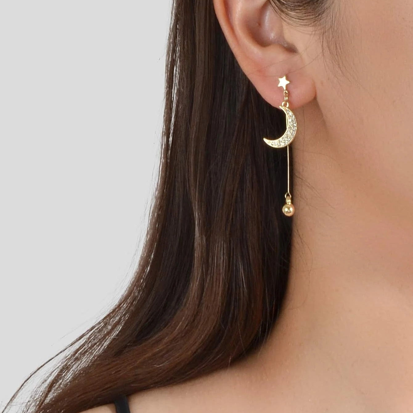 Fashion Rhinestone Ball Pendant Gold Moon Planet Asymmetric Drop Dangle Earrings-0