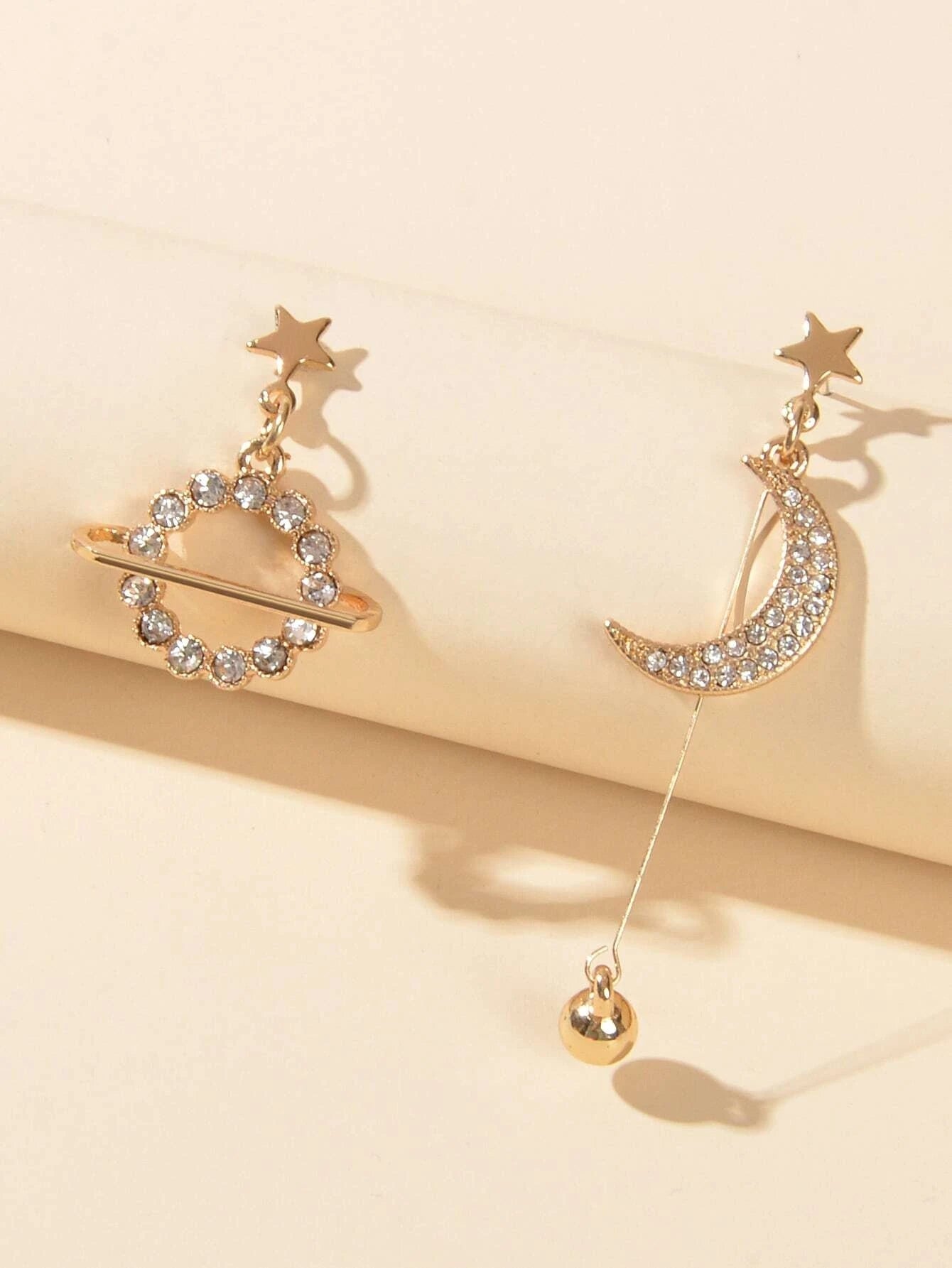 Fashion Rhinestone Ball Pendant Gold Moon Planet Asymmetric Drop Dangle Earrings-2