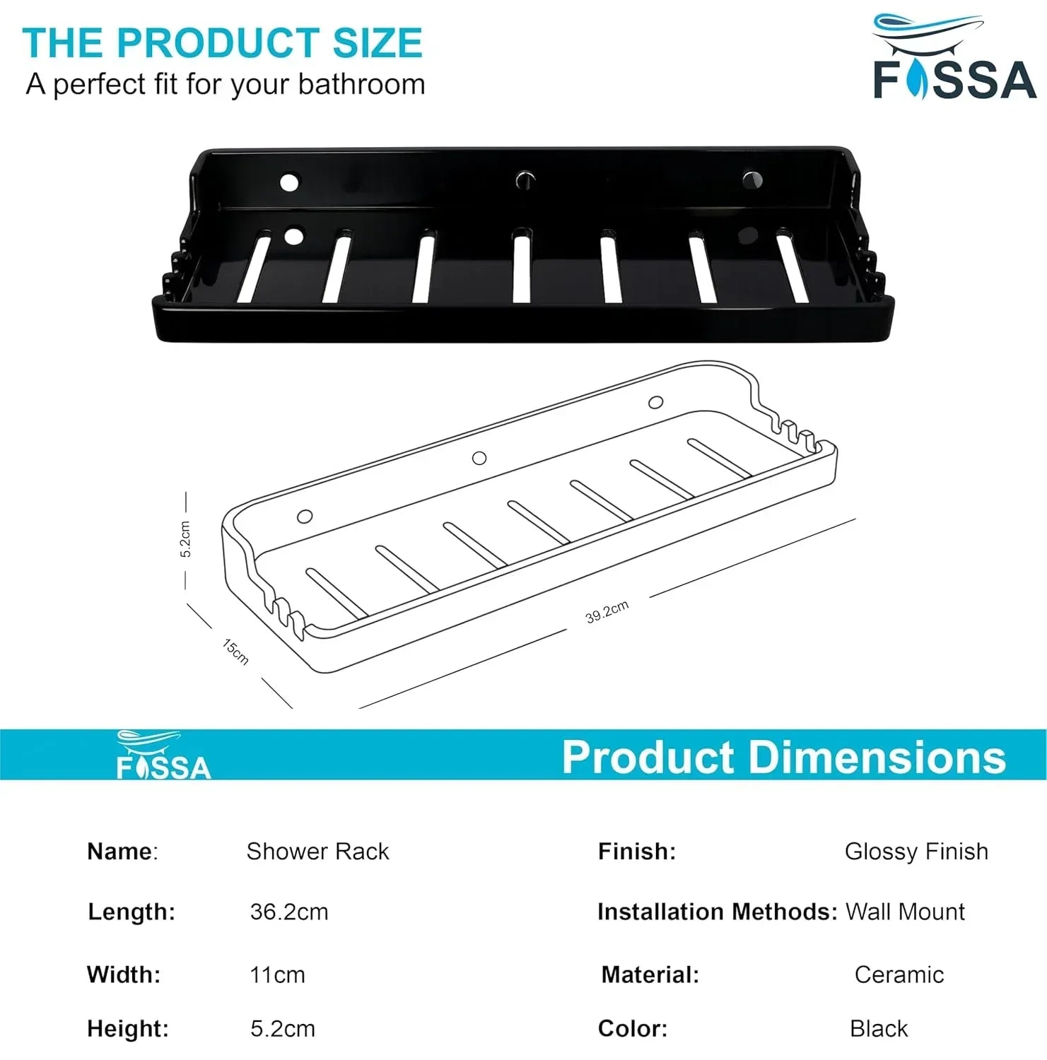 Classic Ceramic Wall Mounted Shelf Rack –  Black (Glossy Finish) (RB-129)-1