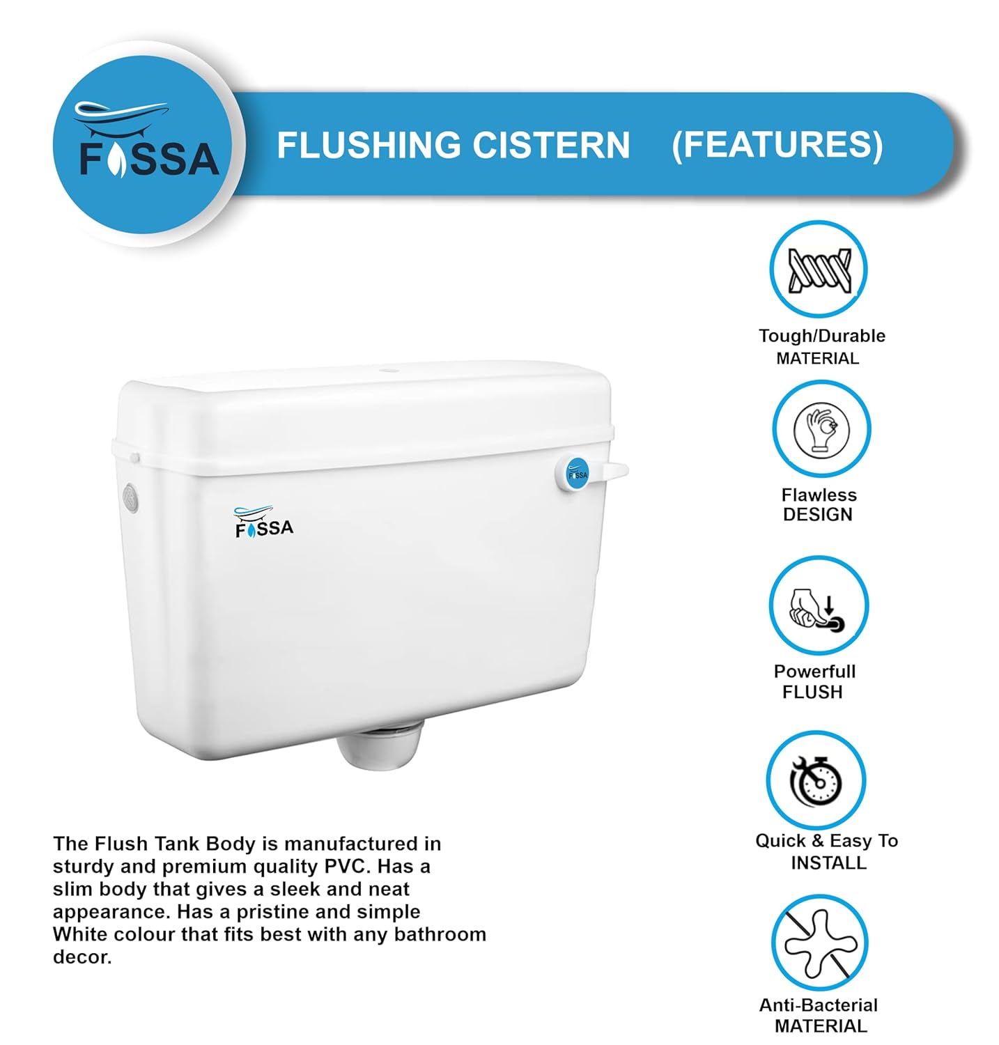 Fossa Flushing Cistern (9 Ltr) Capacity Side Handle Flush Tank White