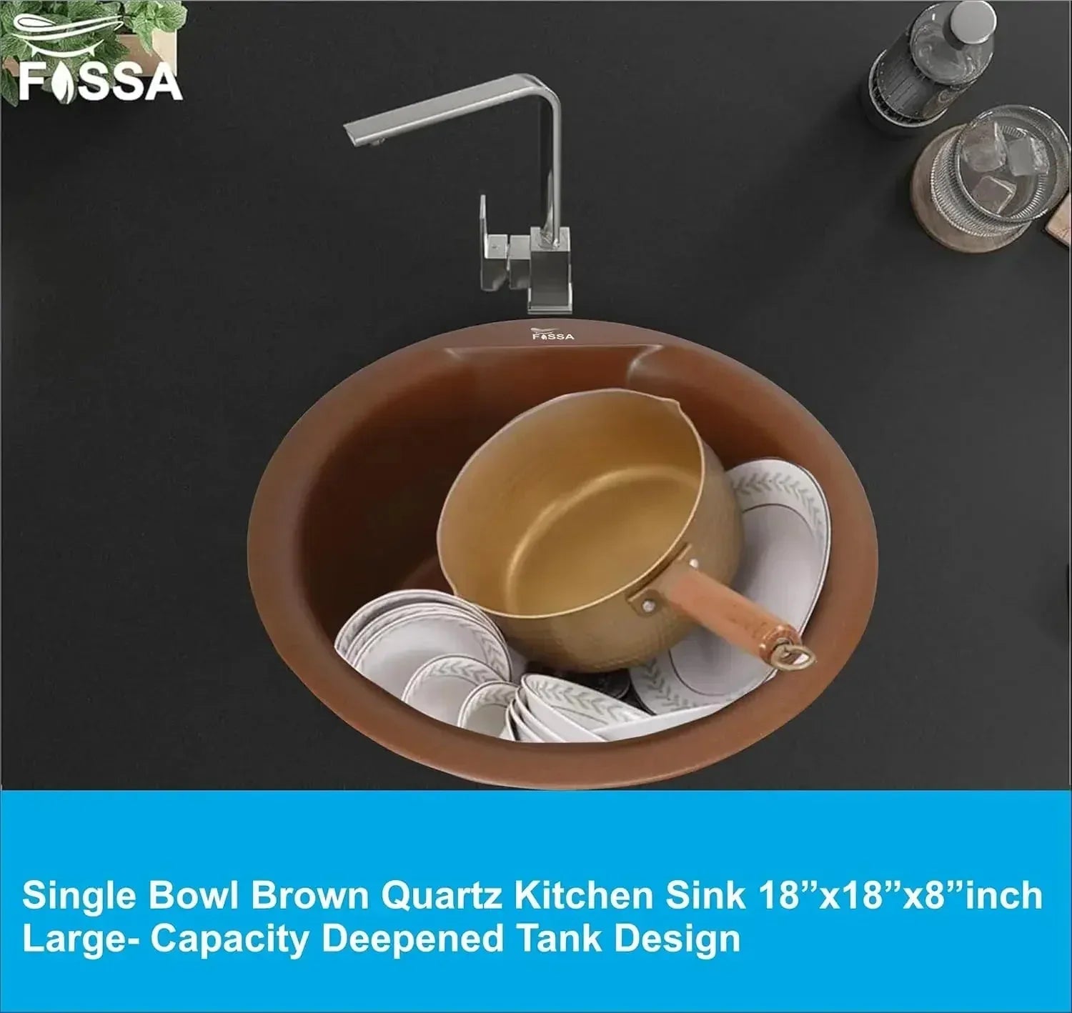 Quartz Kitchen Sink Single Bowl Round Brown(18×18x8 Inches) – 10-Year Warranty
