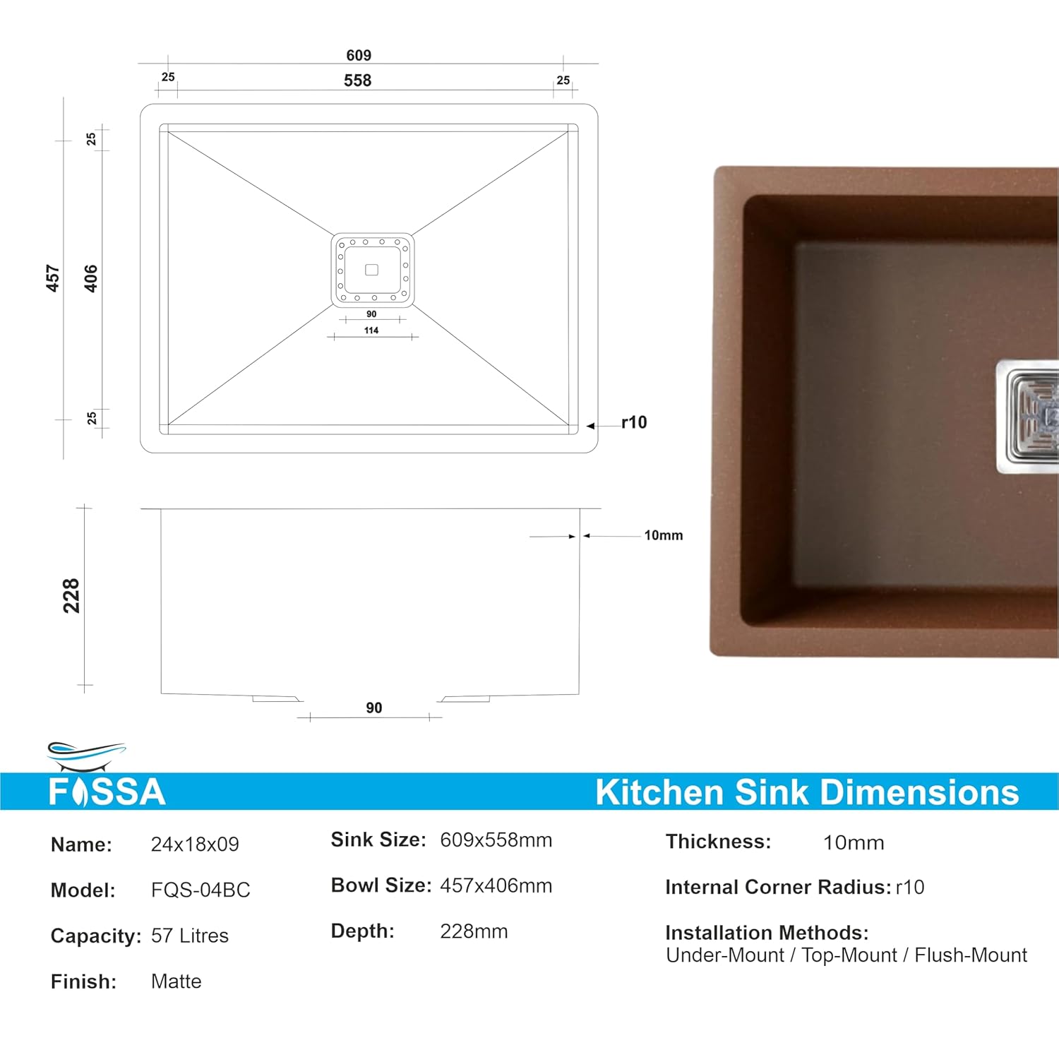 Quartz Kitchen Sink Single Bowl Brown (24×18x9 Inches) – 10-Year Warranty