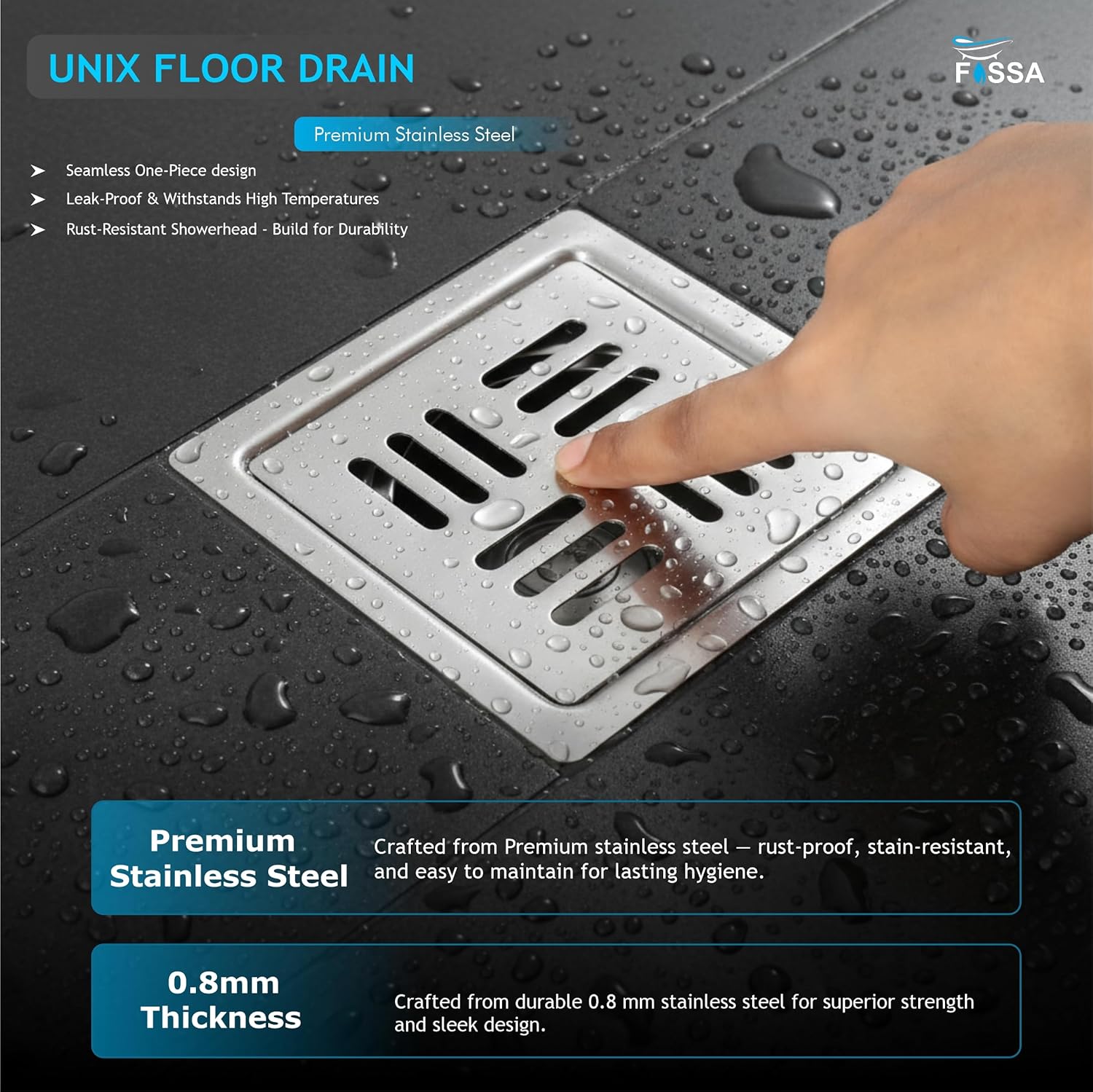 Unix Floor Drain (5 x 5 Inches) Premium Stainlees Steel-3