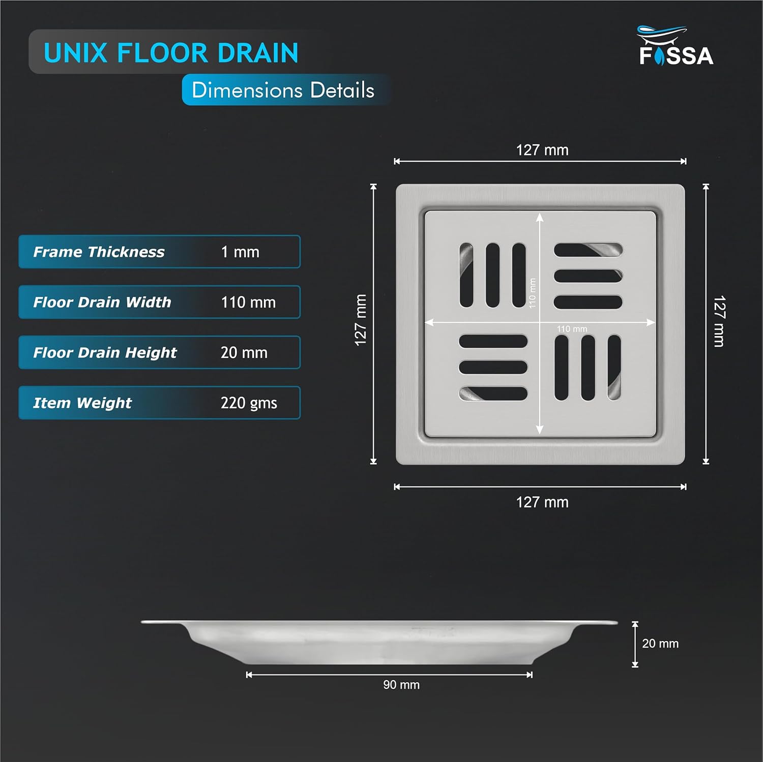 Unix Floor Drain (5 x 5 Inches) Premium Stainlees Steel-4
