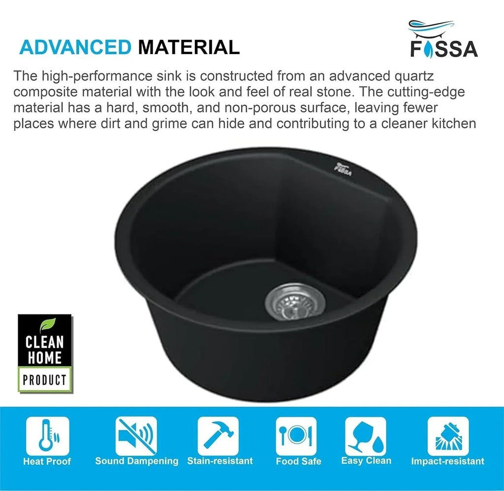 Quartz Kitchen Sink Single Bowl Round Black (18×18x8 Inches) – 10-Year Warranty-4