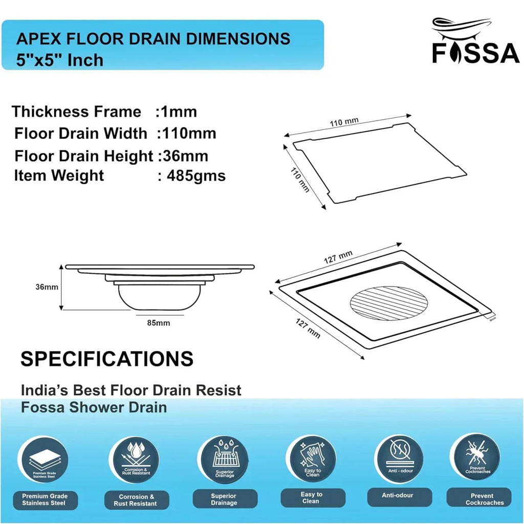 Flair Floor Drain (5 x 5 Inches) Premium Stainlees Steel-1