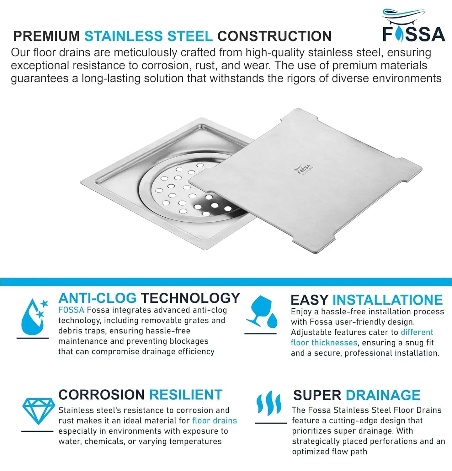 Flair Floor Drain (5 x 5 Inches) Premium Stainlees Steel-4