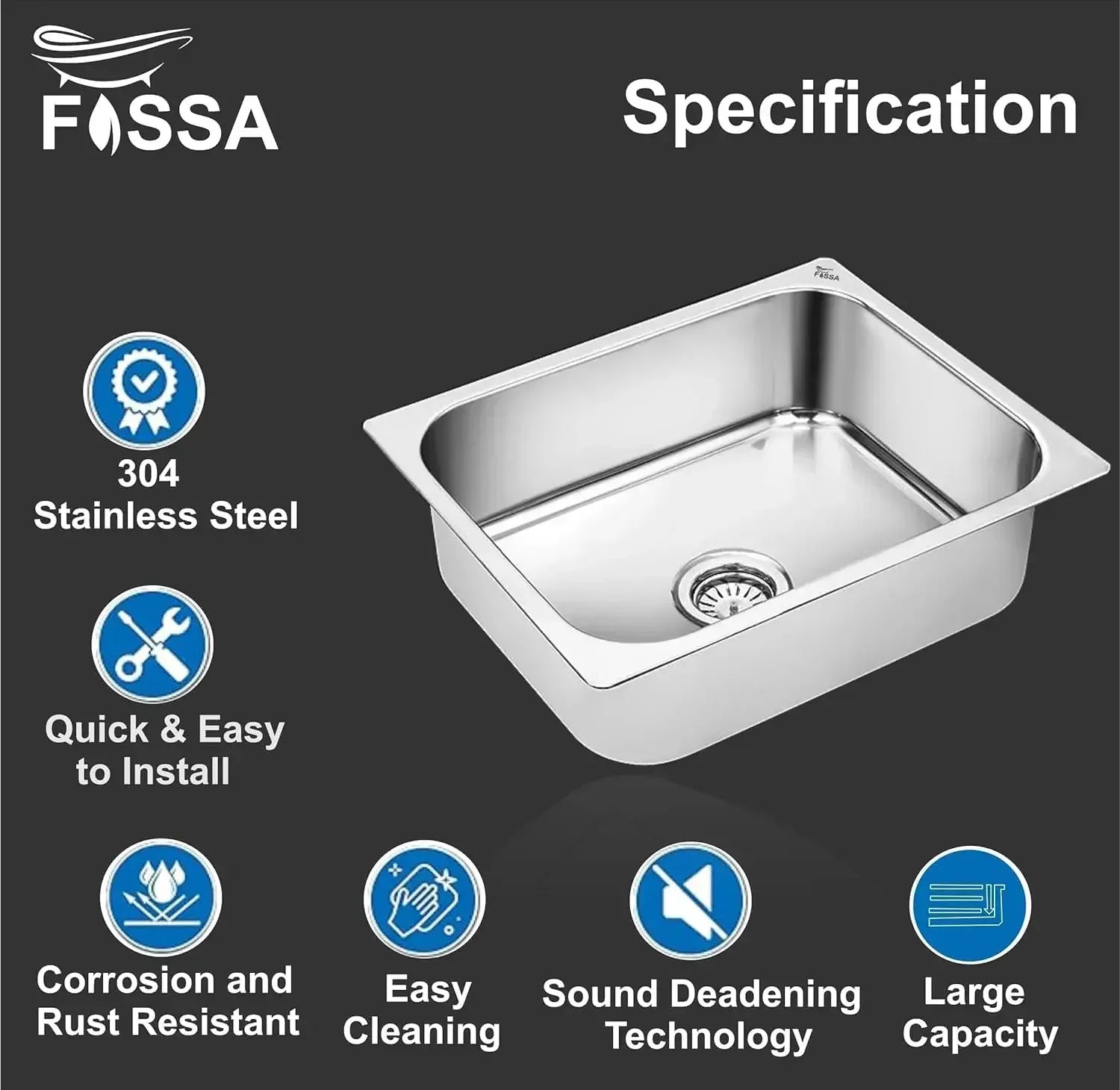 Fossa 18"X16"X09" Single Bowl Stainless Steel Kitchen Sink With SS Coupling Glossy Finish FIS-001 J