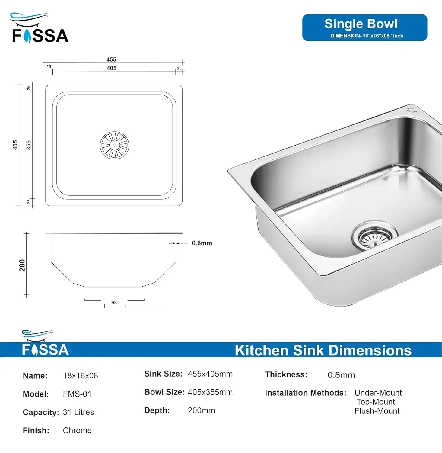 Fossa 18"X16"X09" Single Bowl Stainless Steel Kitchen Sink With SS Coupling Glossy Finish FIS-001 J