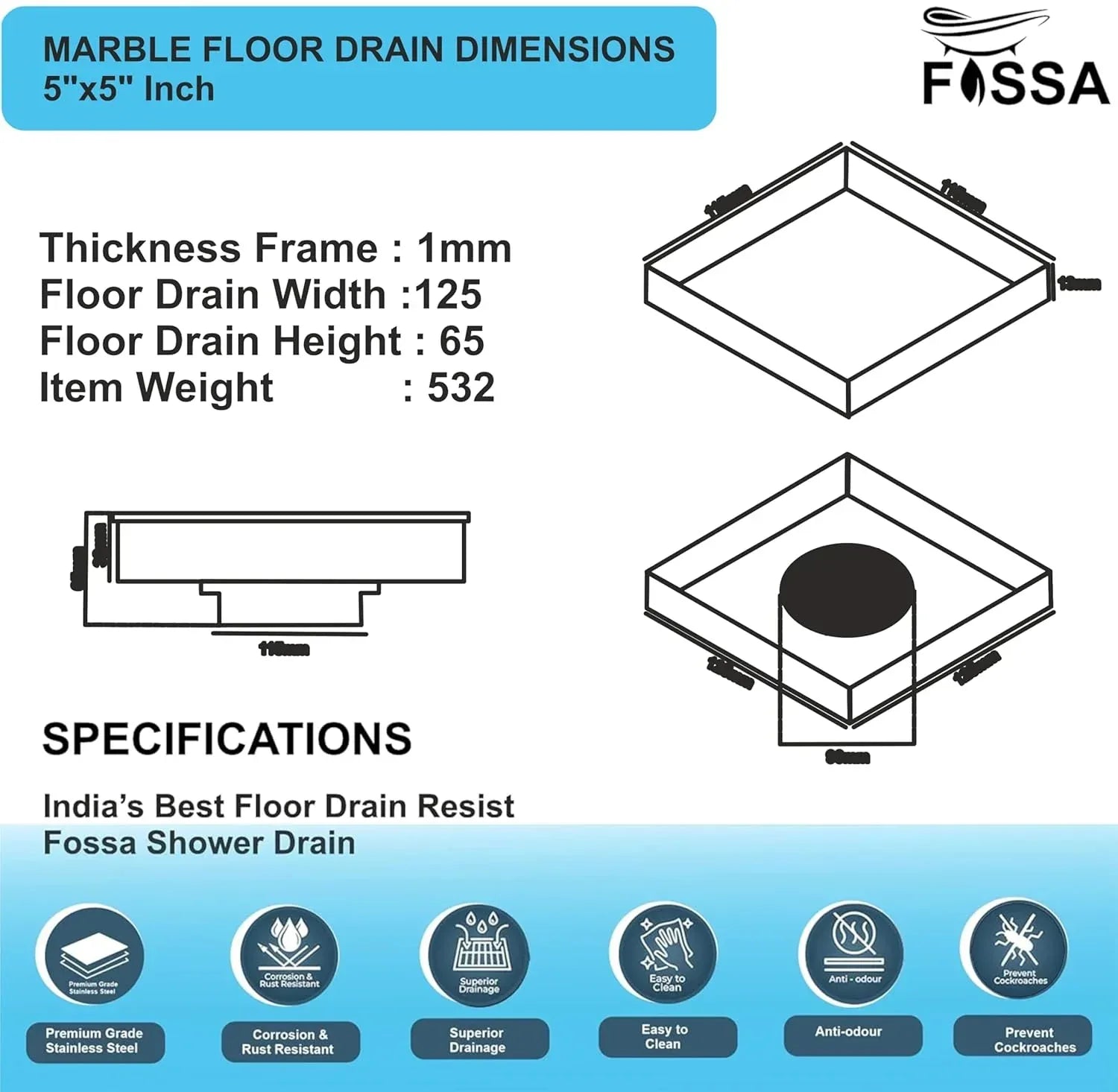 Marble Floor Drain (5 x 5 Inches) 304-Grade Stainlees Steel-1